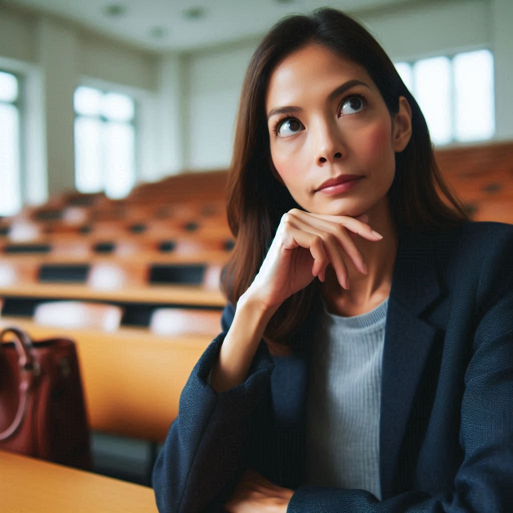 「不登校増加の理由」をイメージした、知的な女性が何かを考えている様子の画像