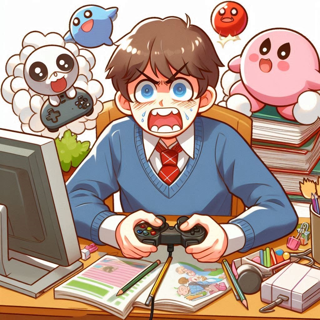 「ゲームによる生活リズムの乱れ」をイメージして、男の子が夢中になってゲームをしているイラスト