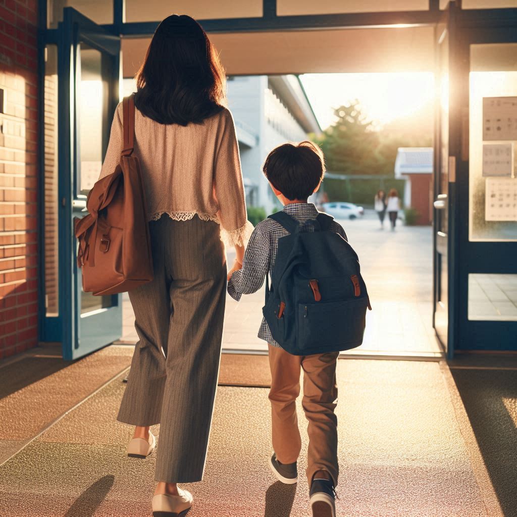 「入学」をイメージして、母親と子供が手をつないで学校の入り口をくぐろうとしている画像