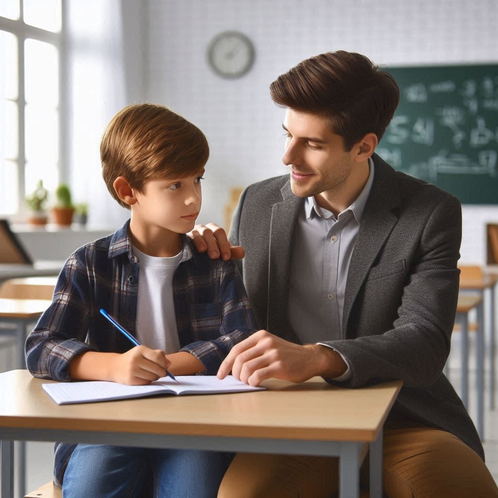 若いやさしそうな男性塾講師が、男子小学生に塾で勉強を教えている画像