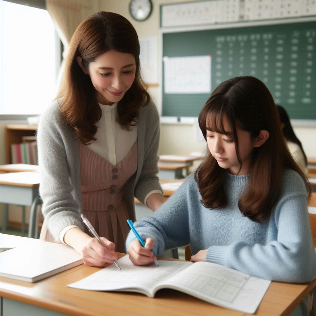 若いやさしそうな女性塾講師が、女子中学生に塾で勉強を教えている画像