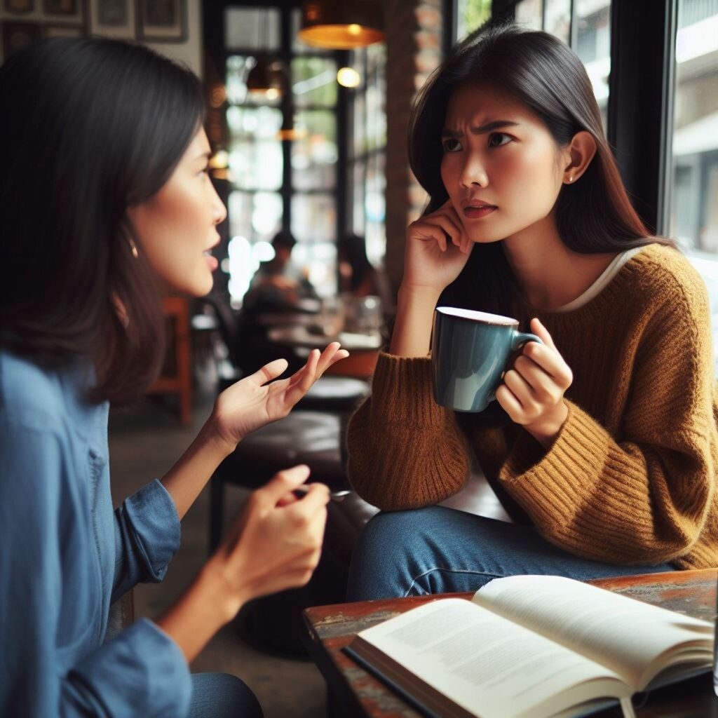 「親の会」をイメージして、女性が相手女性の話を真剣に聞いている画像